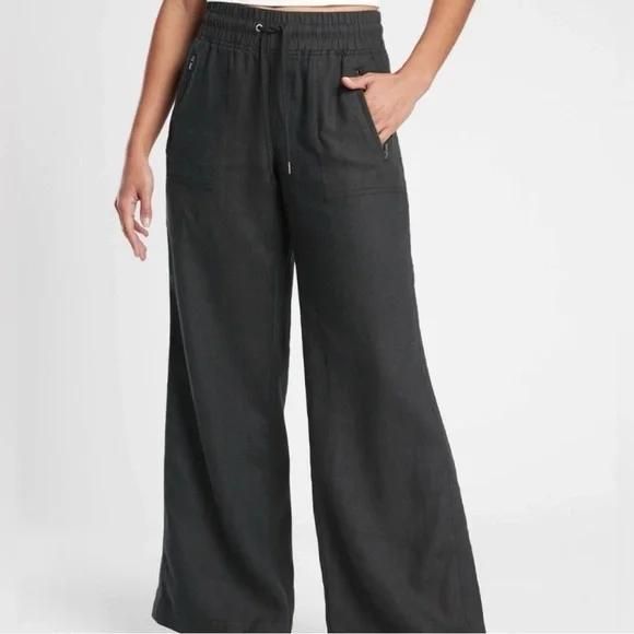 Athleta Pants 12P Cabo Wide-Leg High Rise Joggers Black Linen - Picture 4 of 12